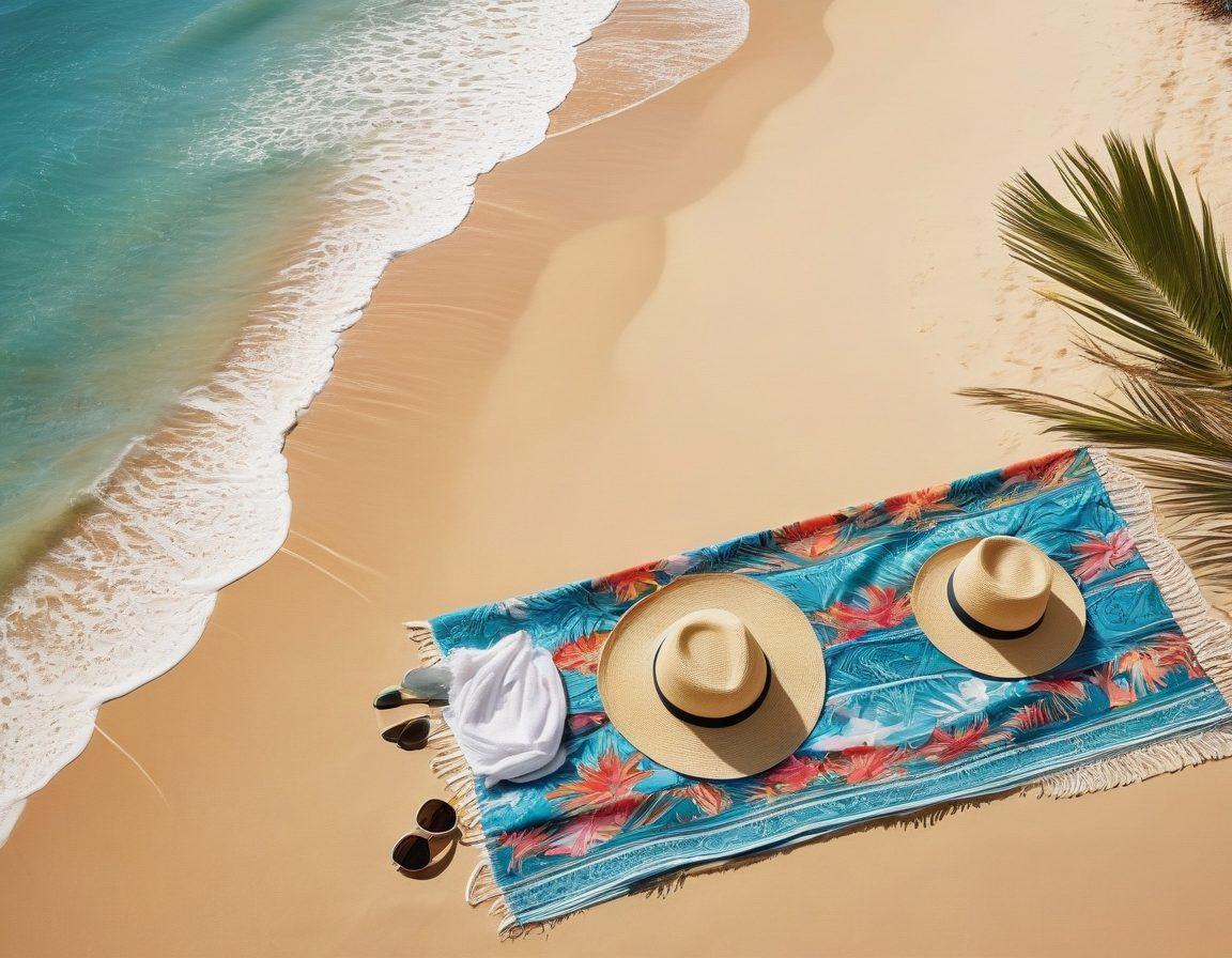 A sun-soaked beach scene featuring a stylish beach outfit display hanging from a palm tree. Accessories like sunglasses and a wide-brim hat are artistically placed on a soft sandy beach with turquoise waves lapping in the background. A vibrant beach towel sprawled on the sand showcases tropical patterns, inviting relaxation. Bright, cheerful colors evoke a sense of summer joy and tranquility. beach-themed illustration. vibrant colors. tropical style.