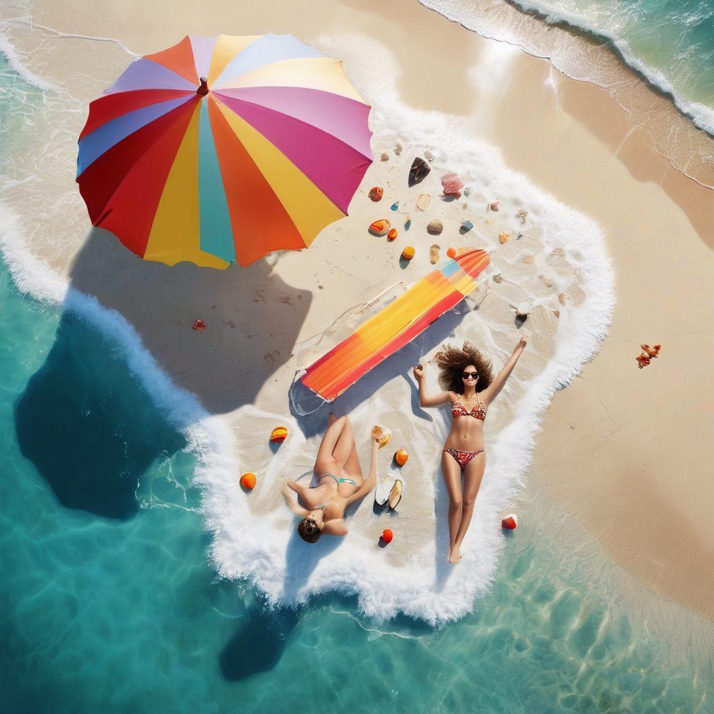 A stylish beach scene featuring a diverse group of friends enjoying their time in vibrant swimwear, showcasing a variety of patterns and colors. The sun is shining brightly, with gentle waves in the background, and a beach umbrella with a playful design. Include subtle elements representing automatic renewals, like floating subscription icons made of seashells. The overall vibe should be fun and carefree, capturing the essence of effortless fashion. super-realistic. vibrant colors. bright blue sky.